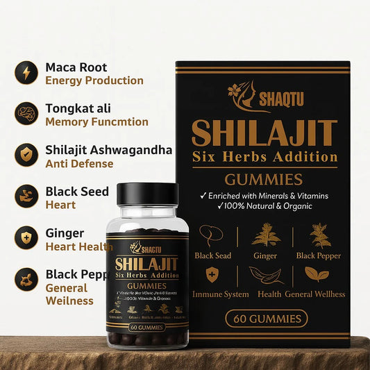 Shaqtu Shilajit Six Herbs Gummies Bottle – 100% Natural Herbal Formula”